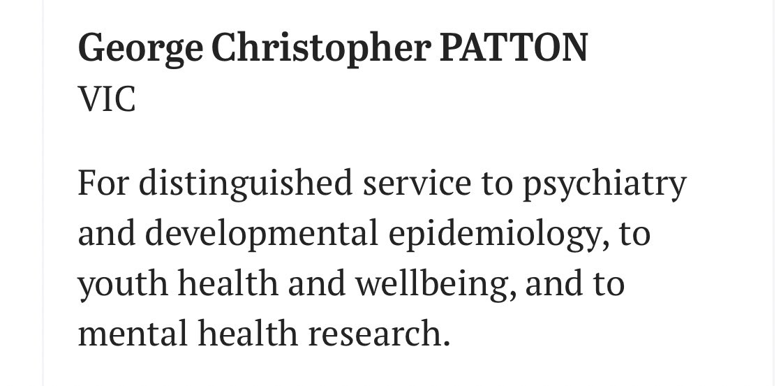 So pleased, if a little bittersweet, to see that George Patton has been recognized with an Officer of Australia (AO) award in today's Australia Awards. His research made a remarkable contribution to adolescent health and psychiatry.