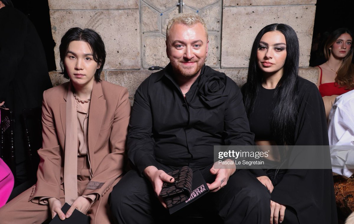 Suga (@BTS_twt) pictured with Sam Smith and Charli XCX at the Valentino Haute Couture Show in Paris