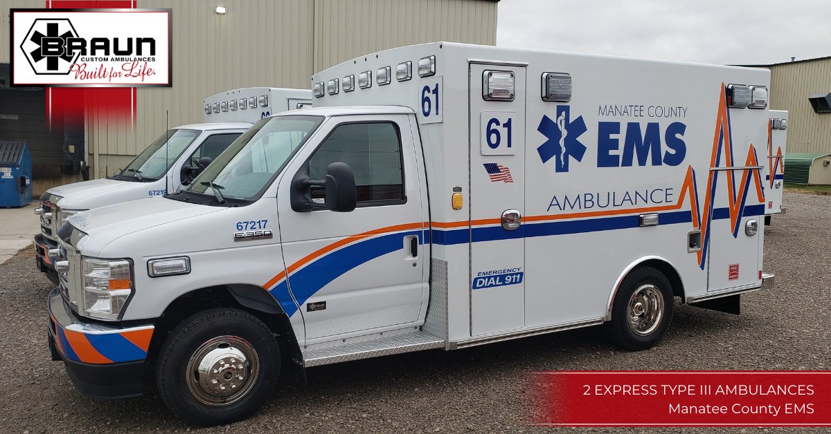 BraunAmbulances's tweet photo. Congratulations to Manatee County EMS on your two new Express Type III ambulances! These units were delivered by @Ten8Fire, our dealer partner of choice in FL & GA. See more at: https://t.co/aAeqs5EU76. #CustomAmbulance #BraunAmbulances #NewAmbulance #Ambulance #EMS https://t.co/5I9T0FYqux