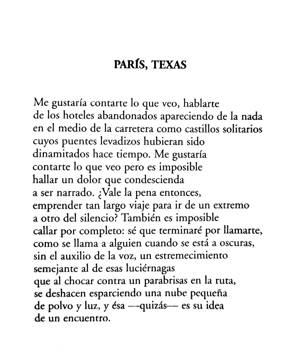 <a href="/VisorLibros/">Visor Libros</a> (2/3)

«París, Texas»
Claudia Masin

Poema del libro «la vista». Visor libros (<a href="/VisorLibros/">Visor Libros</a>), 2002.

#FicheroDeLaPoeteca

Puede consultar el catálogo de nuestra sala de lectura en bilioteca.lapoeteca.com