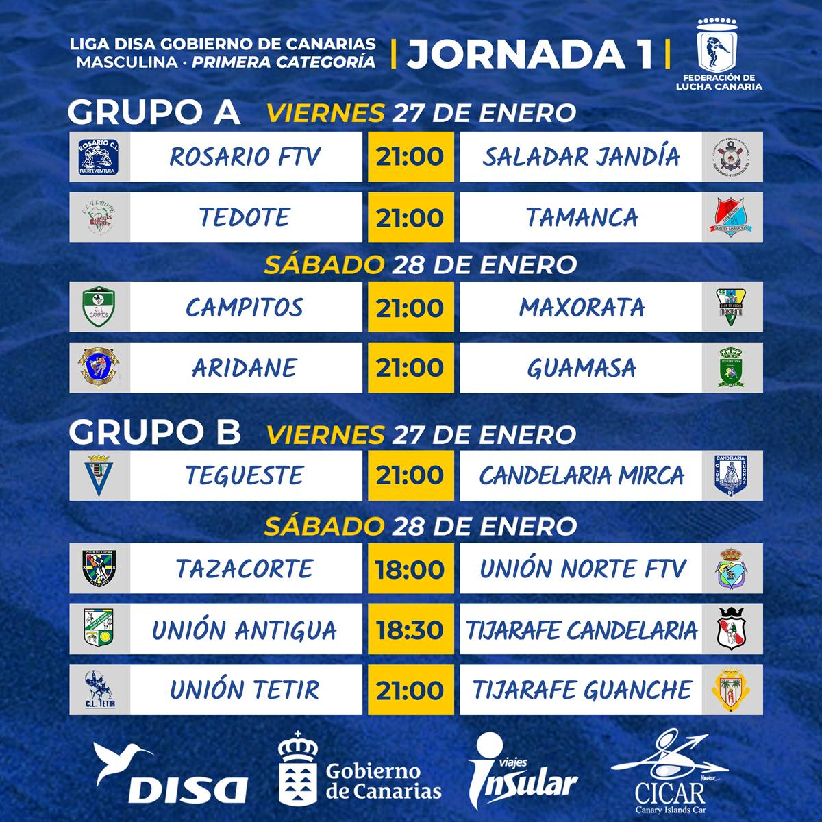 𝗖𝗔𝗟𝗘𝗡𝗗𝗔𝗥𝗜𝗢 | 𝗟𝗜𝗚𝗔 𝗗𝗜𝗦𝗔 𝗠𝗔𝗦𝗖𝗨𝗟𝗜𝗡𝗔 𝗣𝗥𝗜𝗠𝗘𝗥𝗔 🇮🇨 ​ | 𝗝𝗢𝗥𝗡𝗔𝗗𝗔 𝟭

🗓️​ Semana del 23 al 29 de enero de 2023

Vuelve la Champions de la Lucha Canaria 🏆 

#LuchaCanaria #IslasCanarias #LatitudDeVida