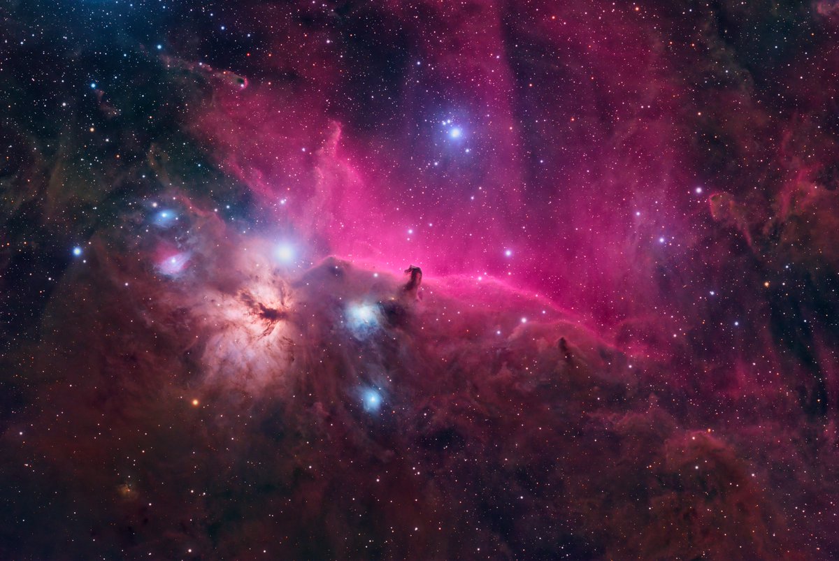 The iconic Horsehead and Flame nebula. I did over six hours of exposure around Alnitak, the left-most star in the belt of Orion. I love the colors and detail in this area of sky.

#astrophotography #astronomy