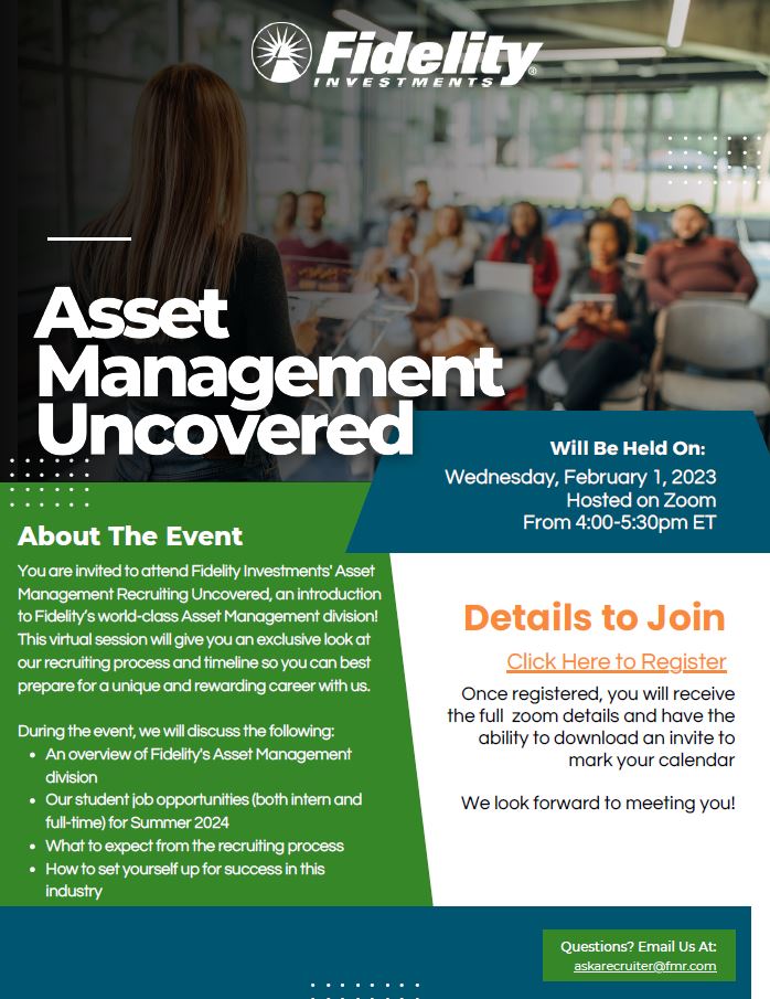 Share this event with students looking for internship opportunities. Our corporate partner @fidelityinvestments is hosting a webinar on Feb. 1 at 4pm ET. Register at: fmr.zoom.us/webinar/regist…