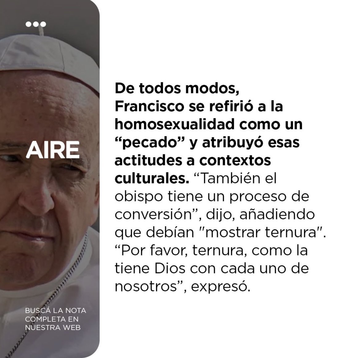 aire_formosa's tweet photo. 👉 El Papa Francisco criticó las leyes que criminalizan la homosexualidad como “injustas”, consideró que Dios ama a todos sus hijos tal y como son…
🏳️‍🌈
#PapaFrancisco #LGTB #homosexualidad #criminal #leyes #Dios #papa #lgbtq #iglesia #estigmatizacion https://t.co/kdkPRpuicq
