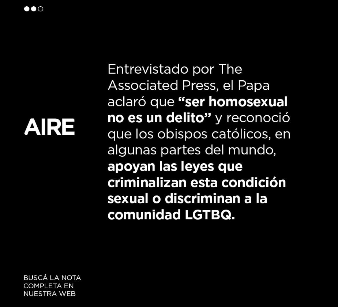aire_formosa's tweet photo. 👉 El Papa Francisco criticó las leyes que criminalizan la homosexualidad como “injustas”, consideró que Dios ama a todos sus hijos tal y como son…
🏳️‍🌈
#PapaFrancisco #LGTB #homosexualidad #criminal #leyes #Dios #papa #lgbtq #iglesia #estigmatizacion https://t.co/kdkPRpuicq