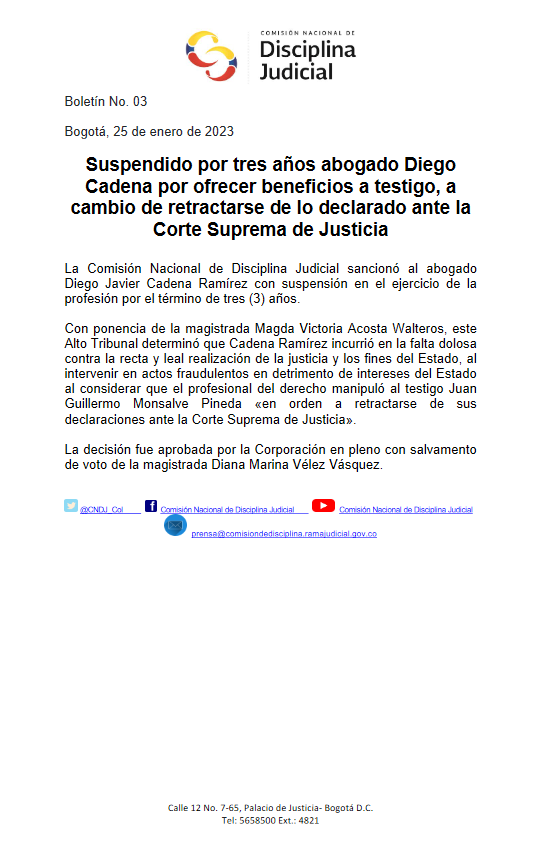 Queja de @redveeduriascol @pablobustossanc dio lugar a sanción contra abogado Diego Cadena -primera sanción en firme por el caso de compra de testigos en el caso Uribe - por parte de la Comisión Nal de Disciplina Judicial, 