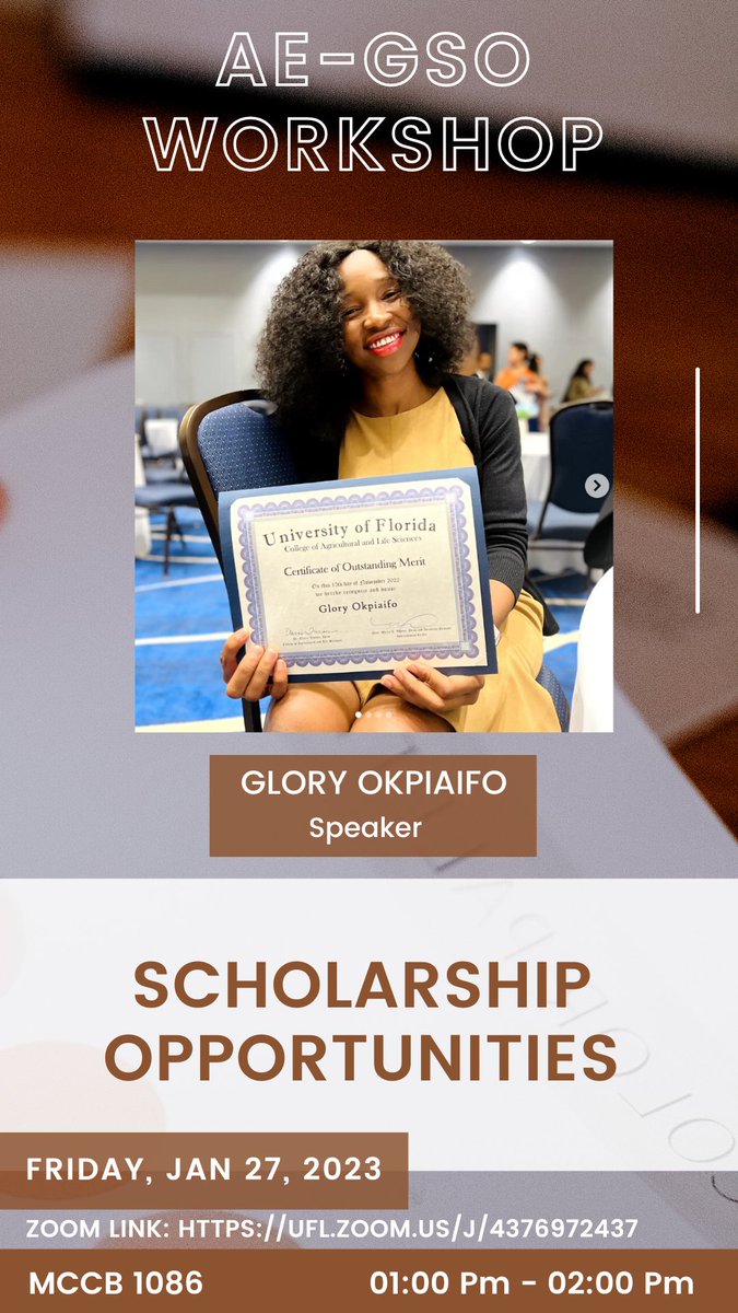 ae_gso's tweet photo. 📌Mark your calendar! The first AE-GSO workshop is also back! 
🙌We will have Glory Okpiaifo share her experience regarding scholarship opportunities with us. 
👏 January 27 at 1:00 PM to 2:00 PM in the room MCCB 1086. 
Zoom link:
https://t.co/UEZ69NQABr https://t.co/th316cZKaY