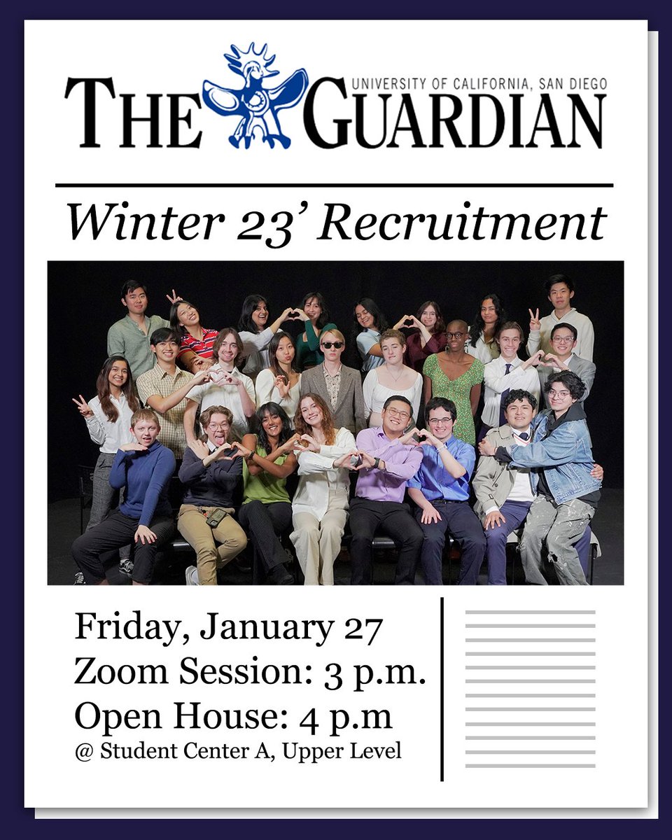 Students! Interested in writing, design, art, or photography? Join the UCSD Guardian! This Friday, Jan. 27th, is our winter recruitment event. Learn more about all of our sections, and swing by our office after to talk to us!