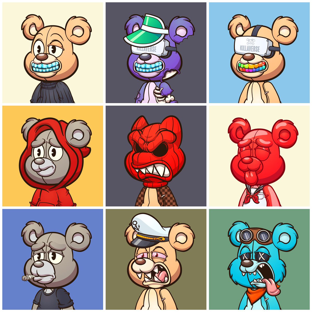 My <a href="/killabearsnft/">KILLABEARS 🐻</a> bag is starting to get wild. Not shown in picture, 8 bits, 4 weapons, 3 Krystal’s, 9 traits. 😅