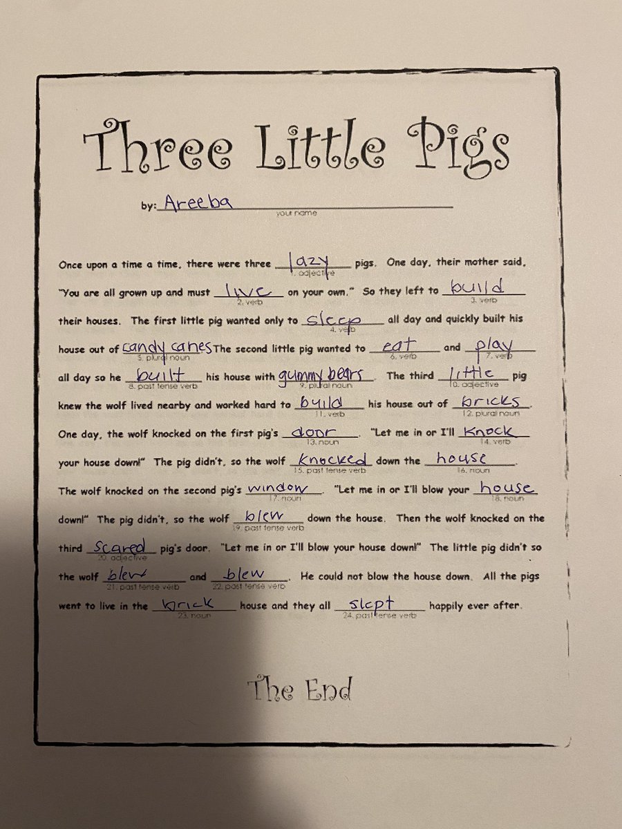 palimaka_m's tweet photo. During my placement the students were learning about parts of speech. To practice differentiating parts of speech they created individualized mad libs by adding in nouns, verbs, and adjectives. It was a fun way to review their knowledge and use their creativity! @PJLanguageArts https://t.co/yAoN68gmBT