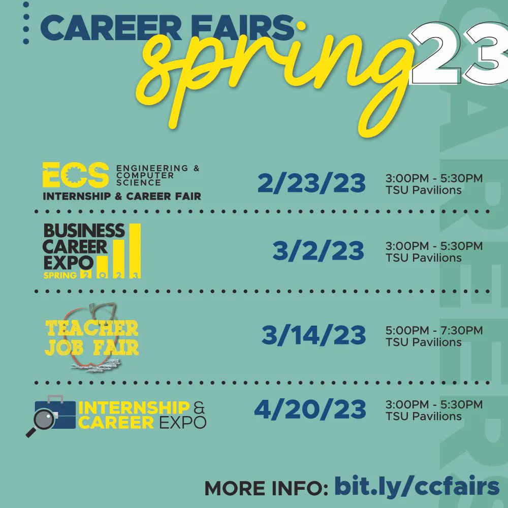 CSUFcareer's tweet photo. Job and internship opportunities this semester? ✅
Ease &amp; convenience to find these opportunities?  ✅ 
A wide variety of career opportunities in different industries?   ✅

Check out our career fairs this semester to start your path toward a new career! https://t.co/xvgo77dZMD https://t.co/jCOJfprHgV