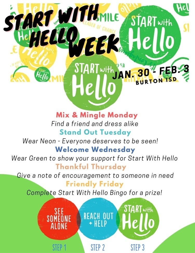 Please join us as we celebrate Start With Hello Week! The Start With Hello program was created by Sandy Hook Promise and teach children and youth how to minimize social isolation, empathize with others, and create a more inclusive and connected school culture. https://t.co/E4MVM7RbgE