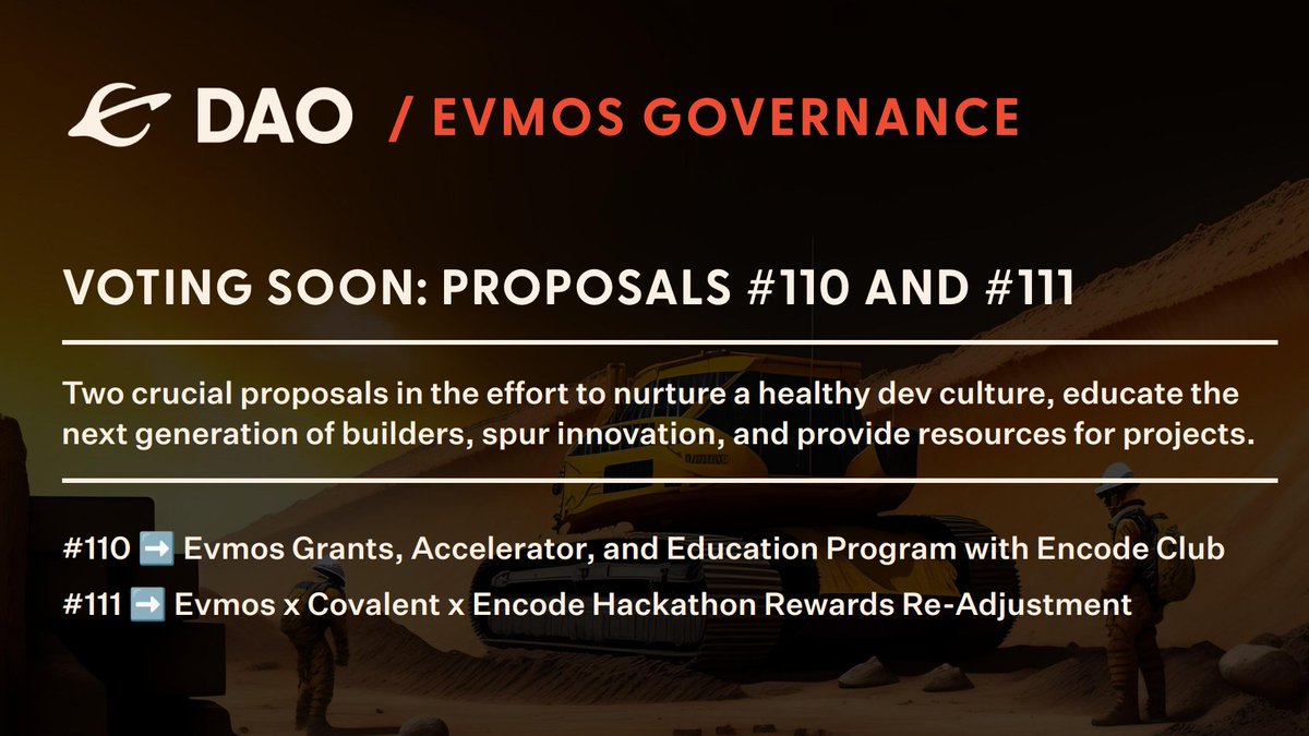 EvmosDAO's tweet photo. Proposals 110 &amp; 111 are now in their deposit period on #Evmos. These two props will essentially 1) kick off Evmos Grants "2.0" with @encodeclub, a highly reputable &amp; experienced organization; 2) payout the rewards promised to the finalists of the Evmos x Covalent hackathon. 👇🧵 https://t.co/TFcEjyYRyn