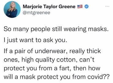 JonesHowDareYou's tweet photo. You can still smell odours through face masks because gas molecules are small enough to fit through the filters—eg N95 face masks are designed to stop viral-type diseases such as COVID19 from spreading, not air nor fart odours.

Being an ignoramus is a choice, right @mtgreenee? https://t.co/WJkOWeiYC2