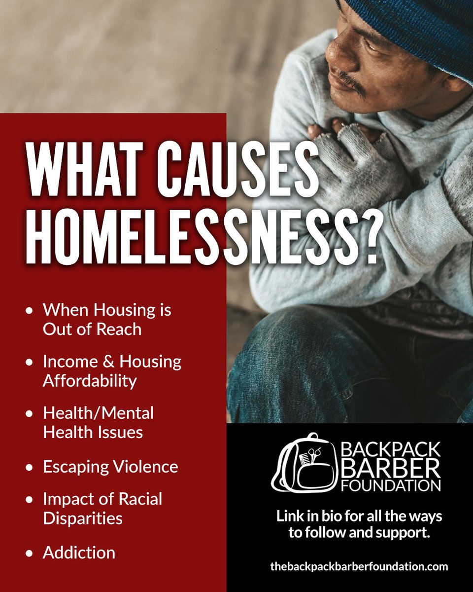 backpack_barber's tweet photo. People often wonder... What Causes Homelessness? 

Visit the link in our bio for all the ways to follow and support!

#homeless #nonprofit #thebackpackbarberfoundation #donations #homelessness #addiction #mentalhealth https://t.co/rXZXshcguh