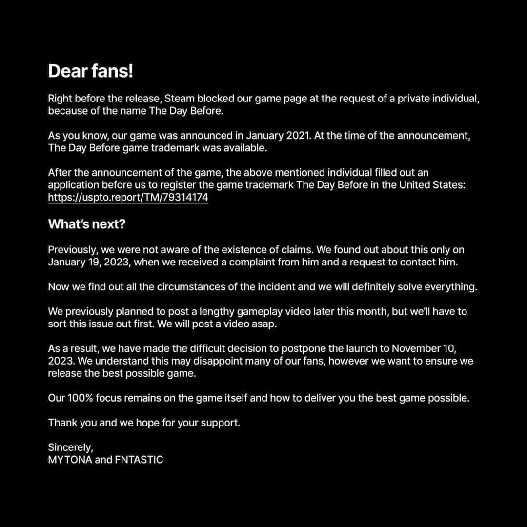 But disappointed by this delay of #thedaybefore. Whilst trademark theft is a big issue, the timing and length of delay is a bit suss.

Either way, no game until November at least. So much hype is now gone and I suggest this game will be unwanted by then. Sad.

#gamingnews #gaming