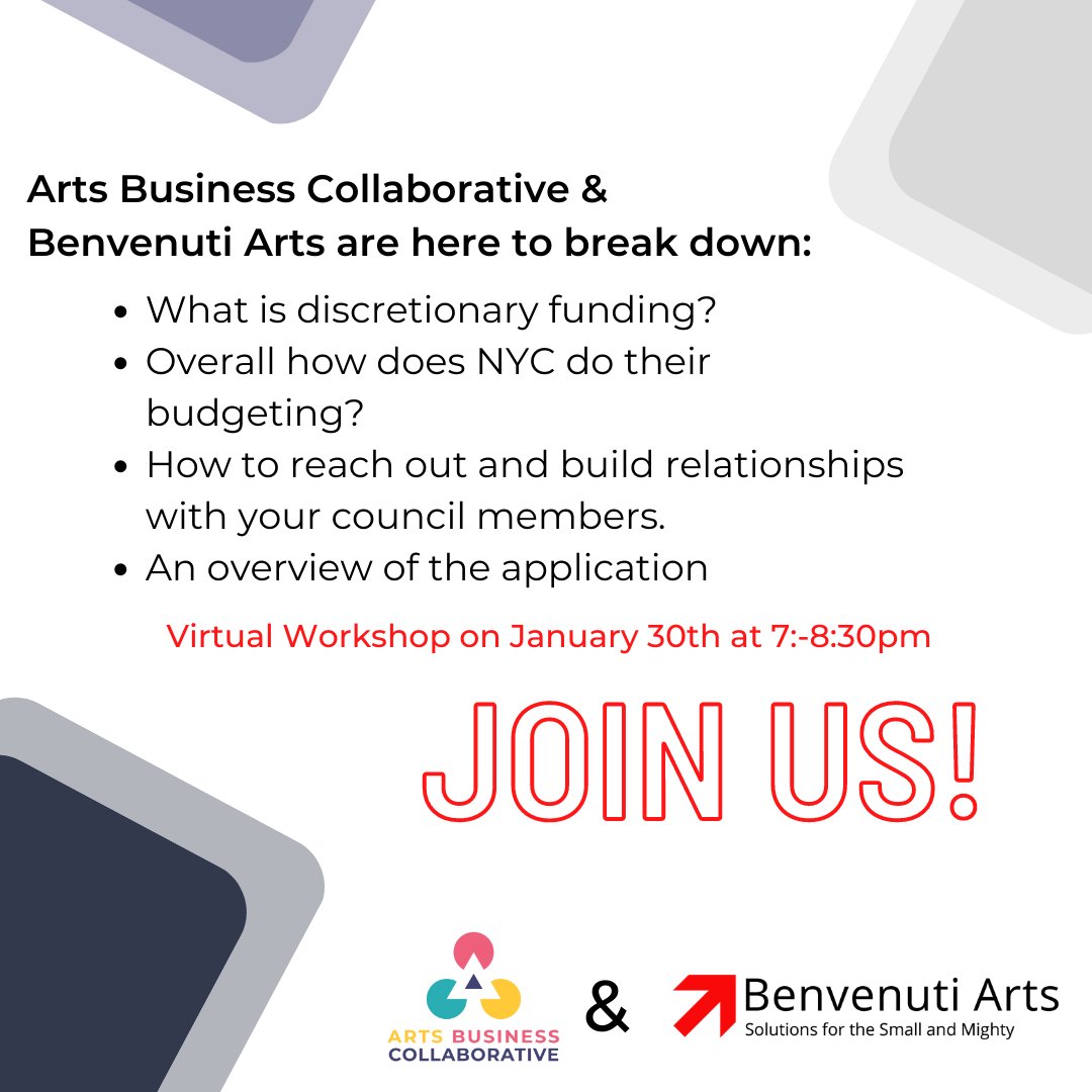 artsbizcollab's tweet photo. Looking to access NYC Council discretionary funding? Let us be your guide! This workshop provides step-by-step strategies, eligible activities and more to help you maximize your potential. 

#artsbusinesscollaborative #virtualworkshop #funding#fundingopportunities #NYCCouncil https://t.co/9OSgib8noa