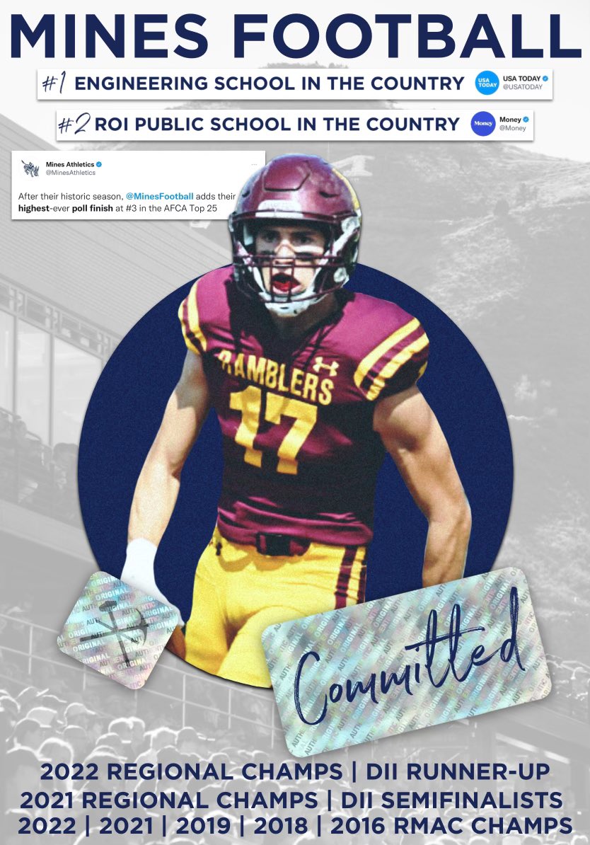 Extremely excited to announce my commitment to <a href="/MinesFootball/">Mines Football</a>!! I would like to thank everyone that  supported me and guided me through this process. ⛏️ ⛏️ <a href="/CoachDiedrick/">Ryan Diedrick</a> <a href="/coach_sterbick/">Pete Sterbick</a> <a href="/Loyola_FB/">Loyola Academy Football</a>