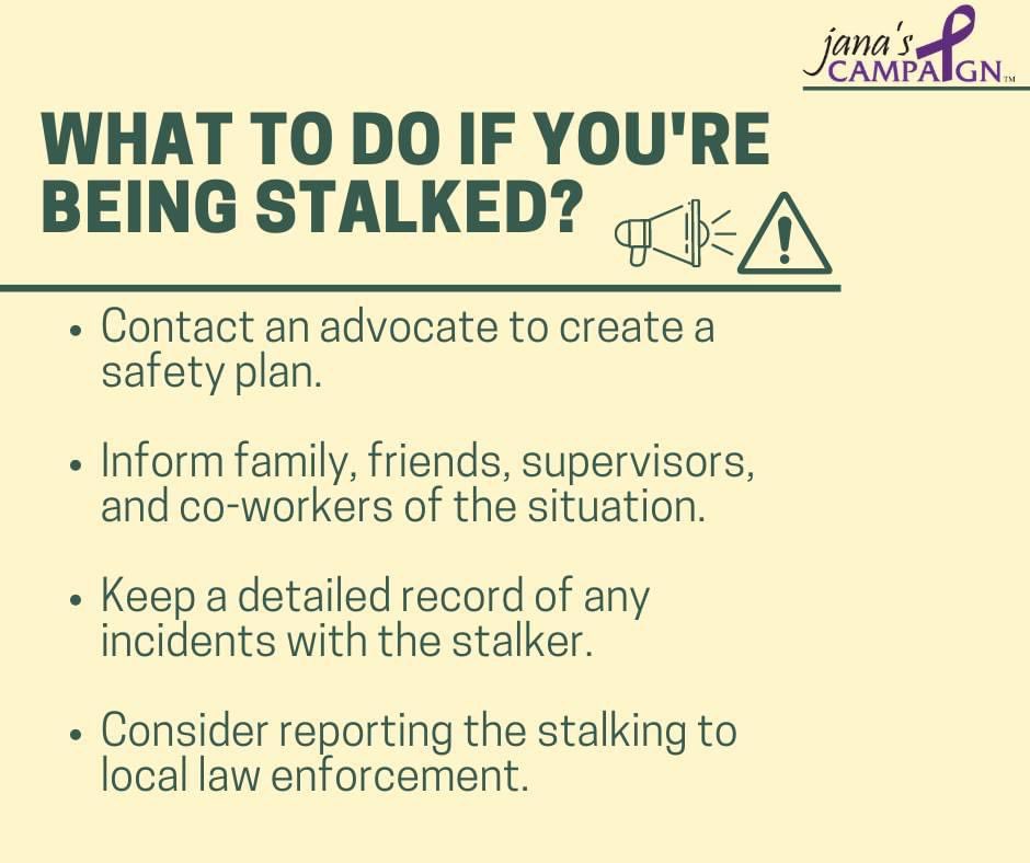JanasCampaign's tweet photo. January is Stalking Awareness Month. Here are a few tips for what to do if you are being stalked… https://t.co/WhIvEcyGSQ