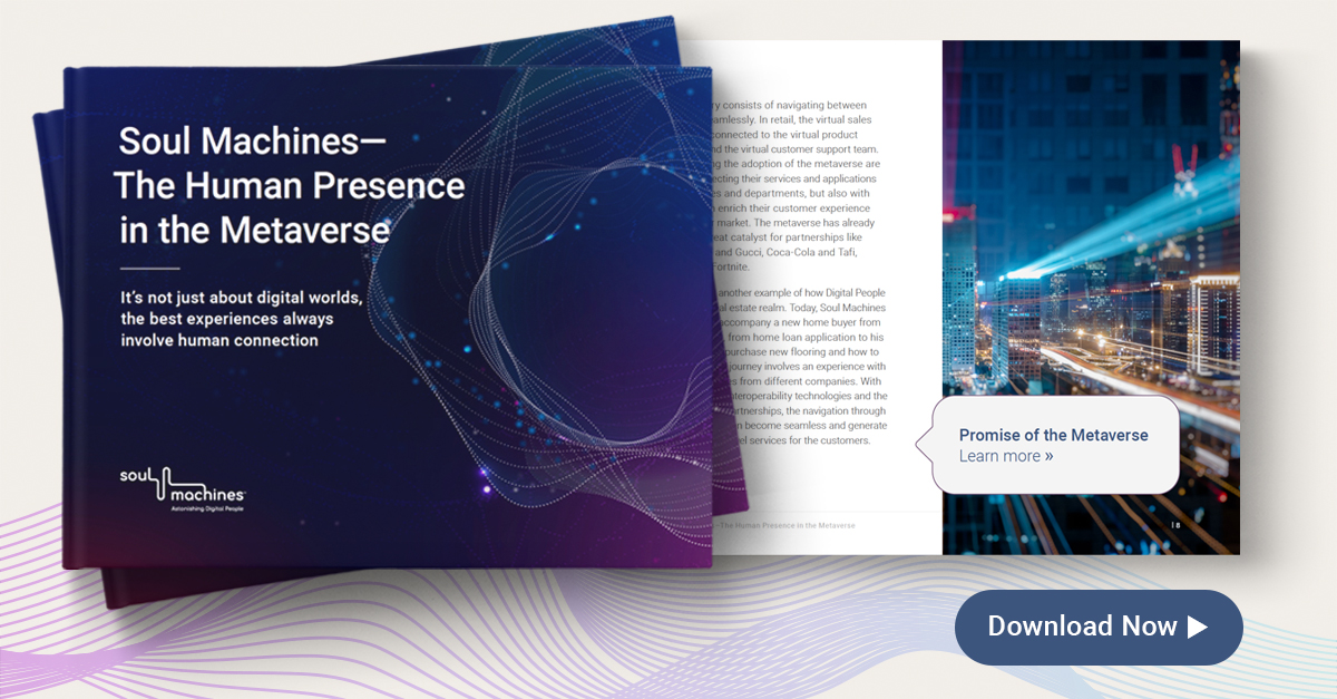 Soulmachines's tweet photo. Bringing the human presence into the Metaverse with Digital People - learn more in our eBook: https://t.co/UuKmGKqifw
#SoulMachines #Metaverse #DigitalPeople https://t.co/00NlggTU8V
