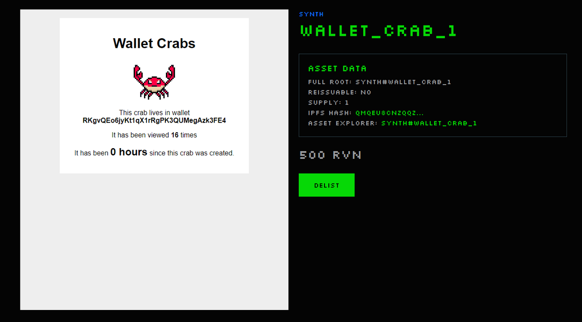 WALLET_CRAB #1 is up now at <a href="/mellorimarket/">Mellori Market 🅁🅅🄽</a> 

- Holder wallet detection
- See how many people have viewed the NFT since it was minted
- NFT age is displayed in hours
- Cool 1/1 unique animated crab

Grab it now - mellori.io/asset/SYNTH+WA…

#RVN #NFT #NEXTGEN #NFTDROP #NFTCommunity