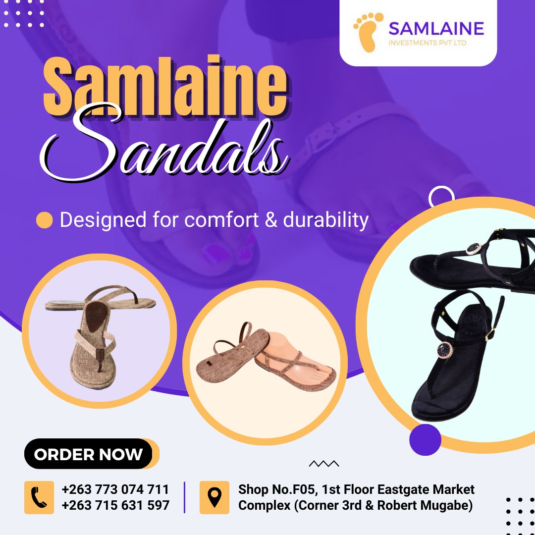 Compliment your outfits with our fashionable and comfortable sandals, perfect for both summer and rainy weather. Grab yours today!!!!

Contact: +263 773 074 711/ +263 785 108 668/ +263 712 847 589 
Visit: Shop No.F05 1st Floor Eastgate Market Complex (Corner 3rd &amp; Robert Mugabe)