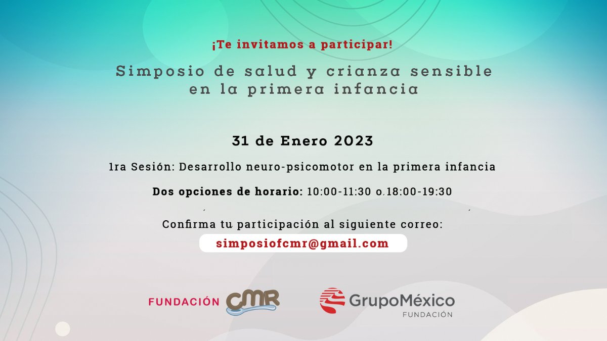 Acompáñanos en nuestro #simposio "Salud y crianza sensible en la primera infancia" en conjunto con <a href="/FundacionGM/">FundaciónGrupoMéxico</a>

Confirma tu participación al correo:
📩 simposiofcmr@gmail.com
📅 31 de enero
Sesión 1: 10:00 AM | 11:30 AM
Sesión 2: 6:00 PM | 7:30 PM

#primerainfancia #simposio