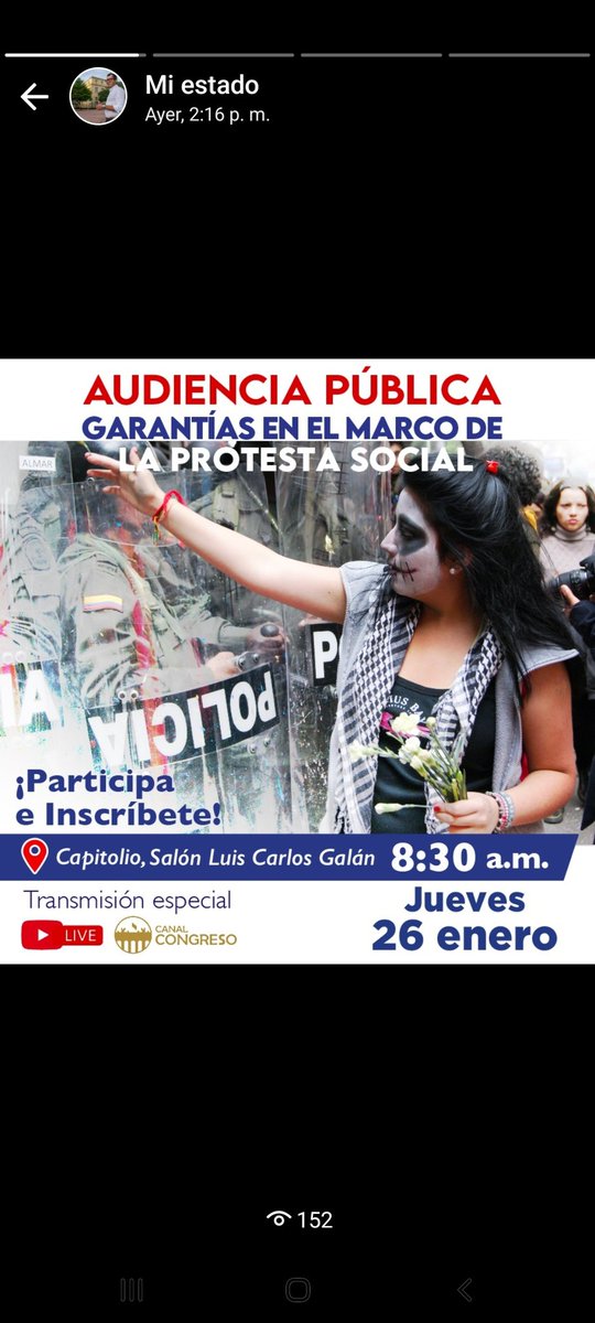 Convocamos a la ciudadanía a seguir la #AudienciaPública 'Garantías en el marco de la Protesta Social en Colombia'
📆Jueves, 26 de Enero 
📍Capitolio N/nal - Salón Luis Carlos Galán
🕣8:30 a.m 🇨🇴
Inscripción Previa:
forms.gle/pbre8JQnfvhjz3…
Transmisión: youtube.com/@CamaradeRepre…
