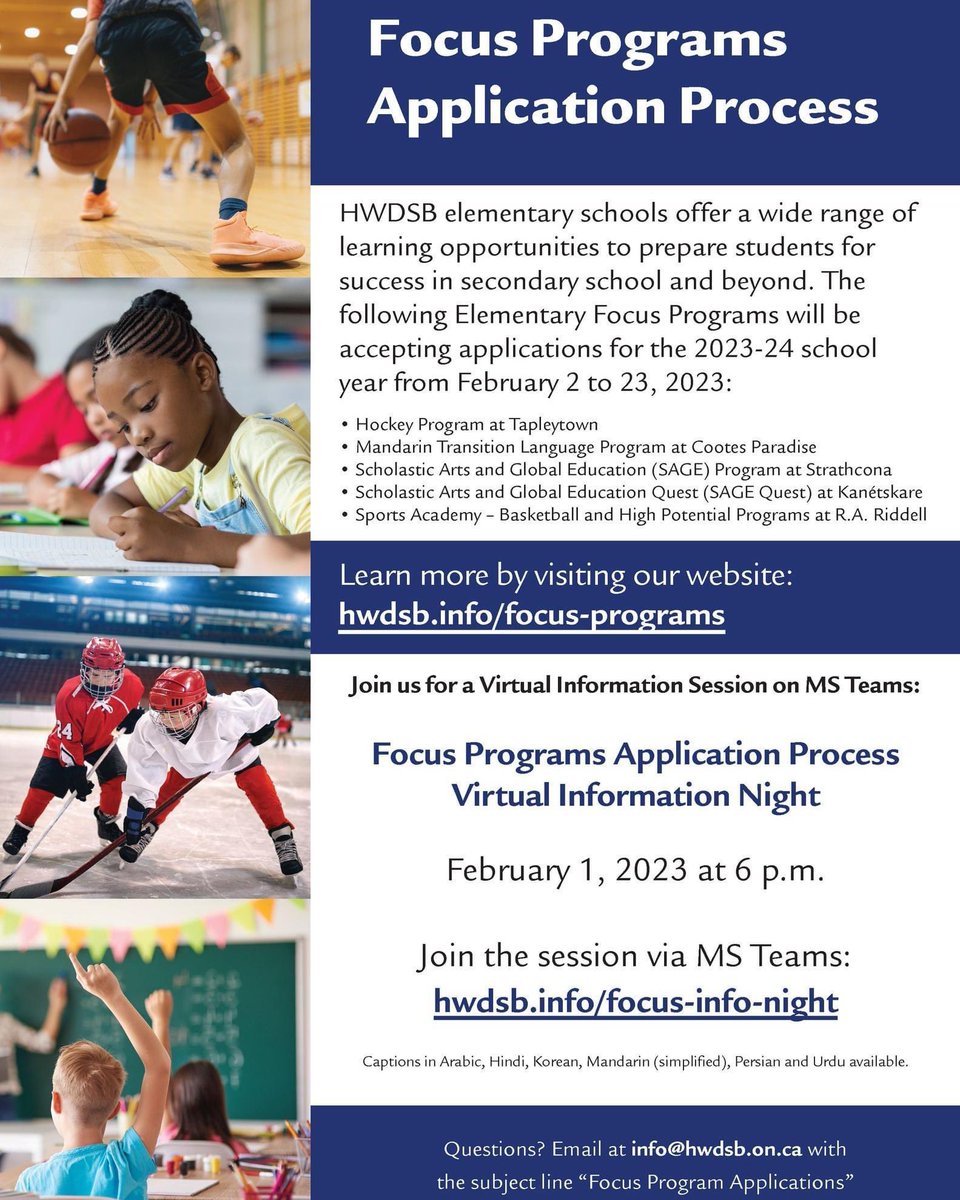 HWDSB's Elementary Focus Programs will be accepting applications for the 2023-24 school year starting February 2, 2023. 

Before the process begins, we're inviting families to a virtual information night to learn more about these programs and the application process itself.