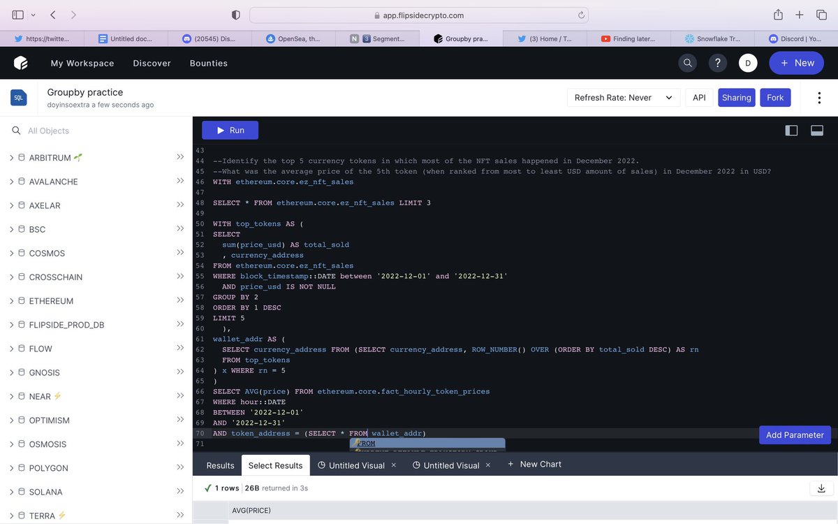 DoyinSoExtra's tweet image. Day13: Built my first CTE sql query, but for a blockchain transaction.

I didn’t get the answer though so I would have to rebuild this to get what I’m looking for🥲🥲talk soon guys #50daysofdatawithwida #blockchainanalyst #sqlqueries #ctesql