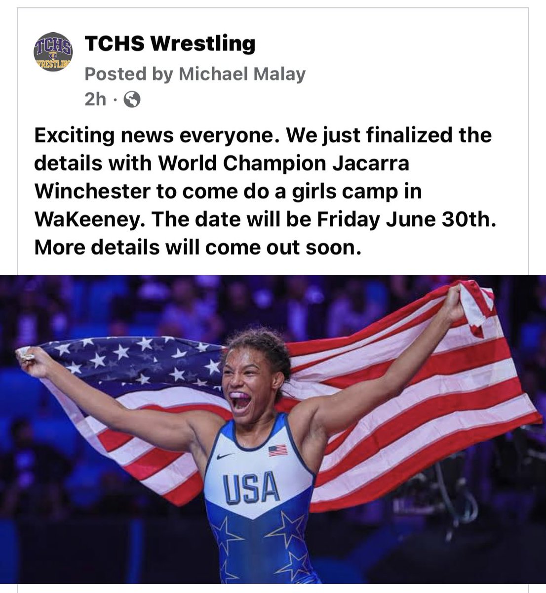 ⁦<a href="/Jacarra016/">Jacarra Winchester</a>⁩ is coming to Western Kansas in June.  Mark you calendars, more details to come.  ⁦<a href="/kwcaonline/">Kansas Wrestling Coaches Association (KWCA)</a>⁩