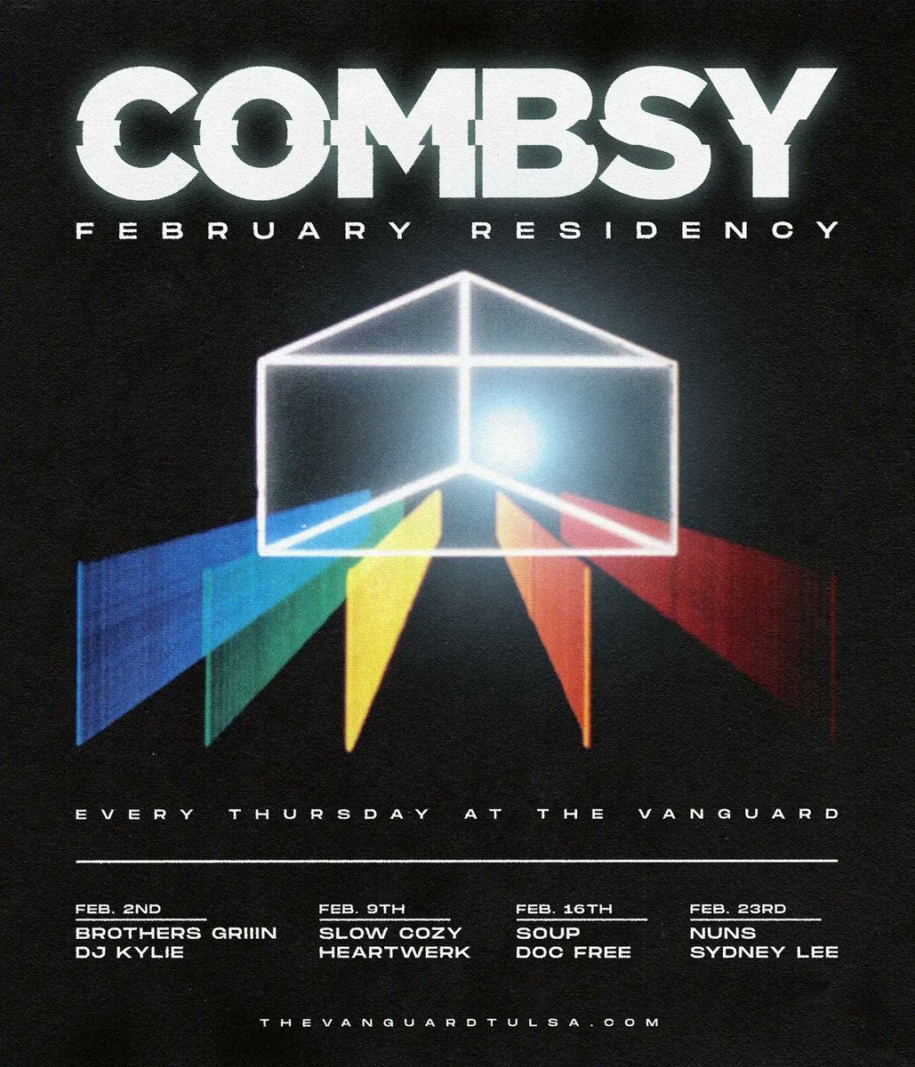 The Vanguard Tulsa (@tulsavanguard) on Twitter photo <a href="/combsymusic/">COMBSY</a> every Thur. in February!
2/02 - <a href="/BrothersGriiin/">Brothers Griiin</a> + DJ Kylie (buff.ly/3Q4919T)
2/09 - <a href="/Slowcozyband/">Slow Cozy</a> + <a href="/HeartWerkDJ/">HeartWerk 🪩</a> (buff.ly/3vokgRd)
2/16 - SOUP + @DocFree918 (buff.ly/3C6THDG)
2/23 - <a href="/nunsmusic/">Nuns</a> + <a href="/sydneyleesounds/">DJ Potato</a> (buff.ly/3VwlJPJ) <a href="/combsymusic/">COMBSY</a> every Thur. in February!
2/02 - <a href="/BrothersGriiin/">Brothers Griiin</a> + DJ Kylie (buff.ly/3Q4919T)
2/09 - <a href="/Slowcozyband/">Slow Cozy</a> + <a href="/HeartWerkDJ/">HeartWerk 🪩</a> (buff.ly/3vokgRd)
2/16 - SOUP + @DocFree918 (buff.ly/3C6THDG)
2/23 - <a href="/nunsmusic/">Nuns</a> + <a href="/sydneyleesounds/">DJ Potato</a> (buff.ly/3VwlJPJ)