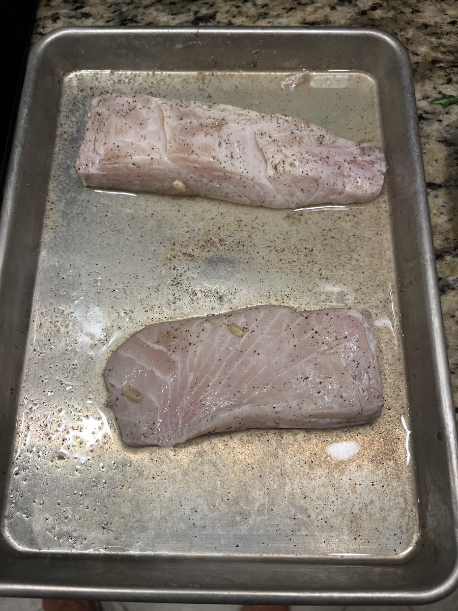 This is the$48 Halibut. That's about to get 'seared' on the stove then baked in a 450 degree oven. Served over veggie Rice with a sweet chili sauce. ⁦@ScottTheCowGuy⁩ ⁦@apitzl⁩ ⁦@suzannalexander⁩ ⁦@OfficialRFDTV⁩