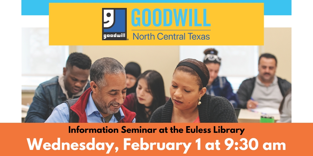EulessLibrary's tweet image. If you or someone you know is interested in or has questions about Adult GED Programs, head to the library on Wednesday, February 1st at 9:30AM for an informational seminar from @GoodwillNCT! We hope to see you there! 

#GEDClass #EulessTX #EulessLibrary