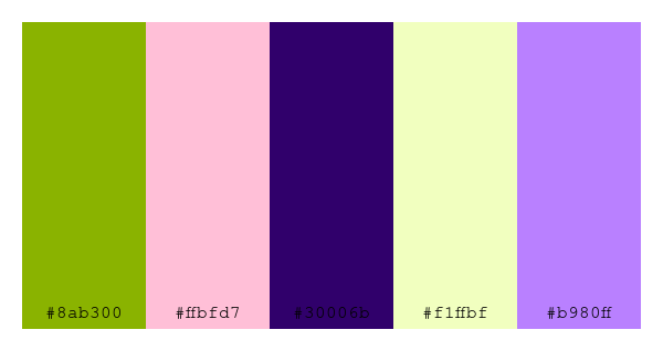 ColPaletteBot's tweet photo. Beep beep, here's a pretty color palette for you!
color-scheme.js parameters used:
- hue: 137
- variation: default
- colors: #8ab300, #ffbfd7, #30006b, #f1ffbf, #b980ff
Have a lovely evening!
#twitterbot #colorpalette #colors #palette #prettycolors https://t.co/ZeTWRUp51F