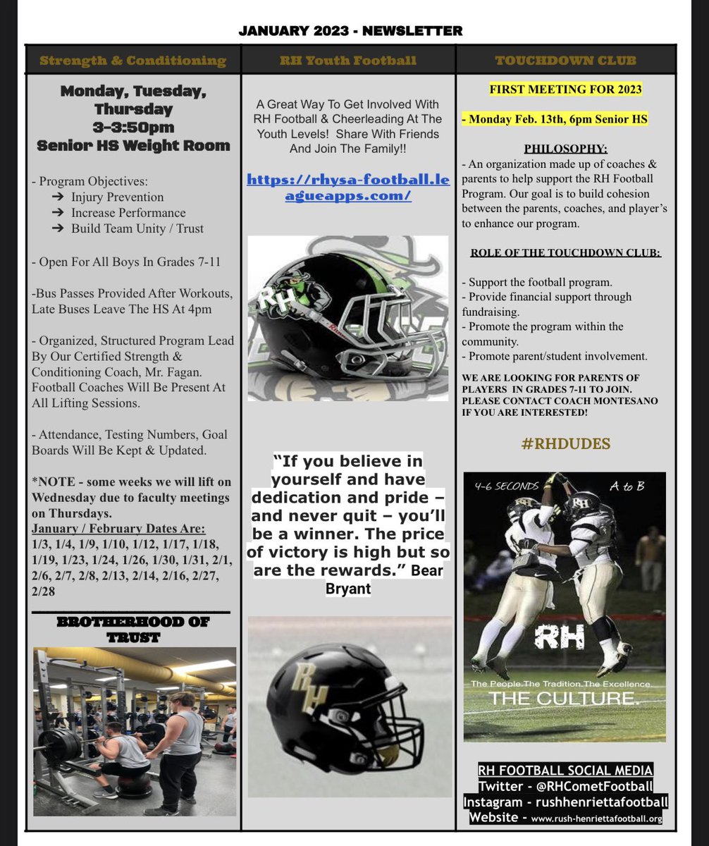 RH Football January Newsletter. Lot’s To Be PROUD Of!! Come Join Us As We Prepare For The 2023 Season! 
#LookingForDUDES