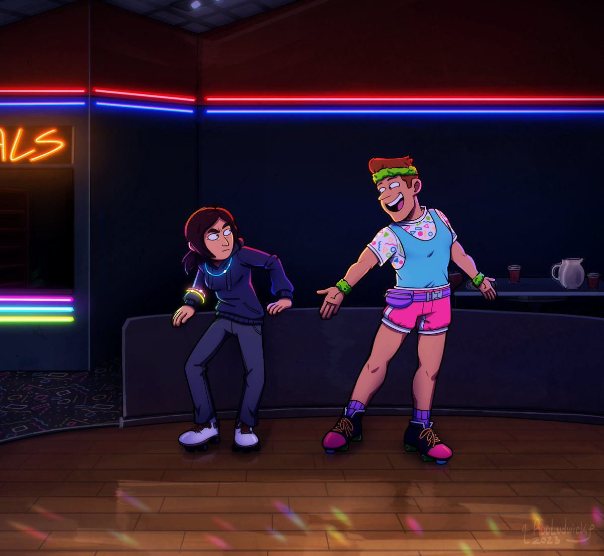 I bet Brett would pressure Reagan to go to one of those epic run down 80s rollerblading rinks.
I had a lot of fun drawing this!
#insidejob #insidejobfanart