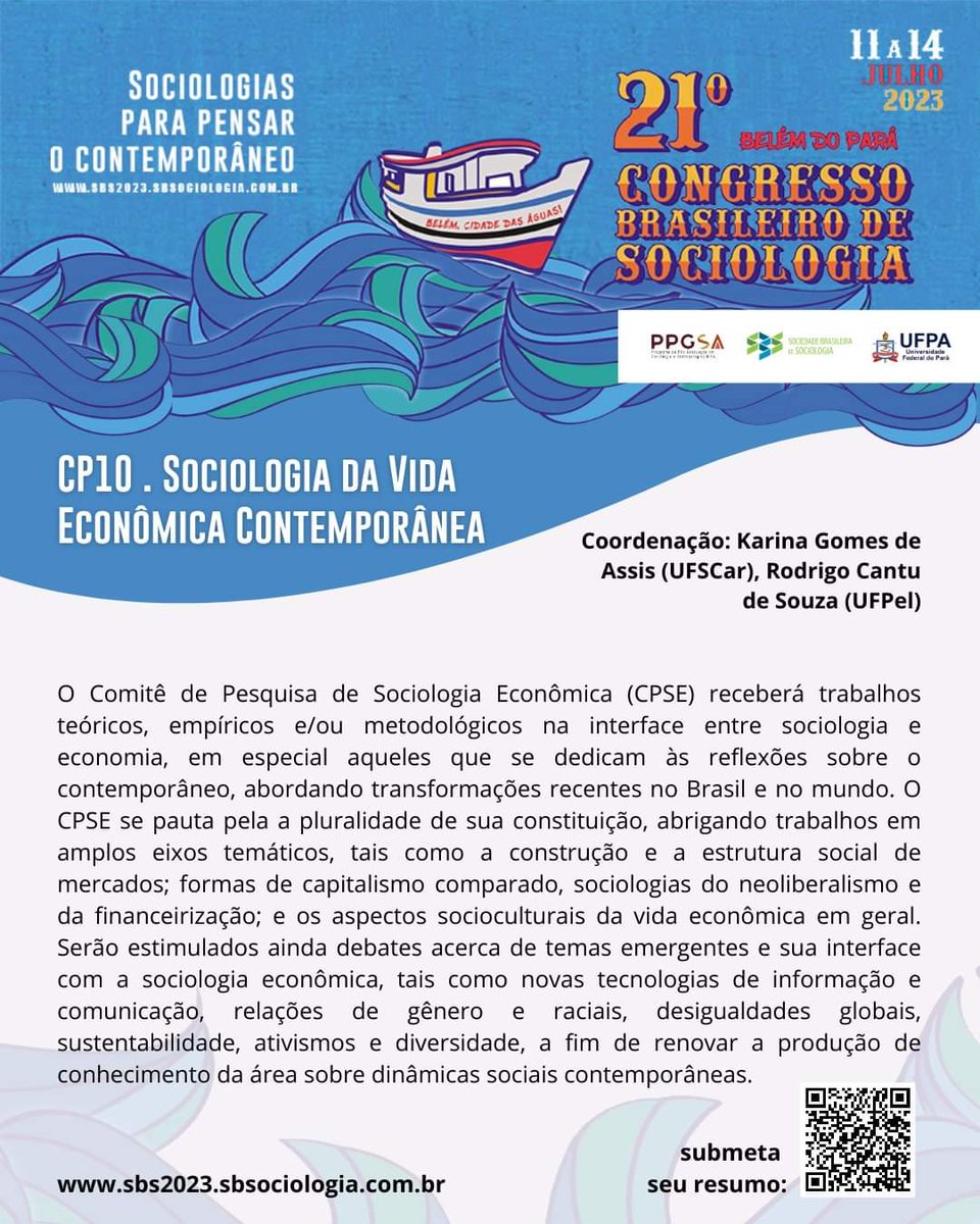 rodrigosallesps's tweet photo. Estão abertas as submissões de trabalho ao CP10 – Sociologia econômica, do 21º Congresso Brasileiro de Sociologia da @sbsociologia, que será realizado em Belém - PA, entre 11 e 14 de julho. 

Link para inscrições e submissões: https://t.co/BVEjPra6J5
Data limite: 6 fev. 2023 https://t.co/pYxLiDxjoq
