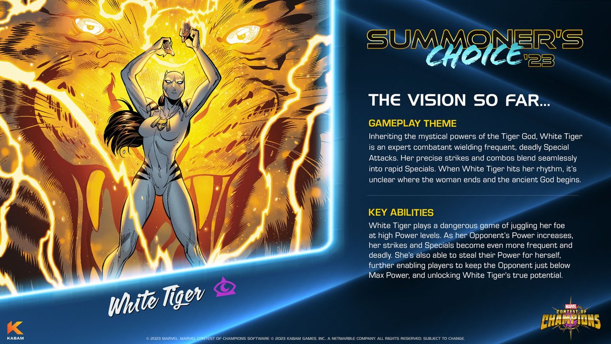 MarvelChampions's tweet image. It&apos;s now down to TWO! White Tiger and Gladiator advance to the FINAL ROUND of #SummonersChoice2023. Take a look at the vision for these Champions and vote for who you want to win this Friday.