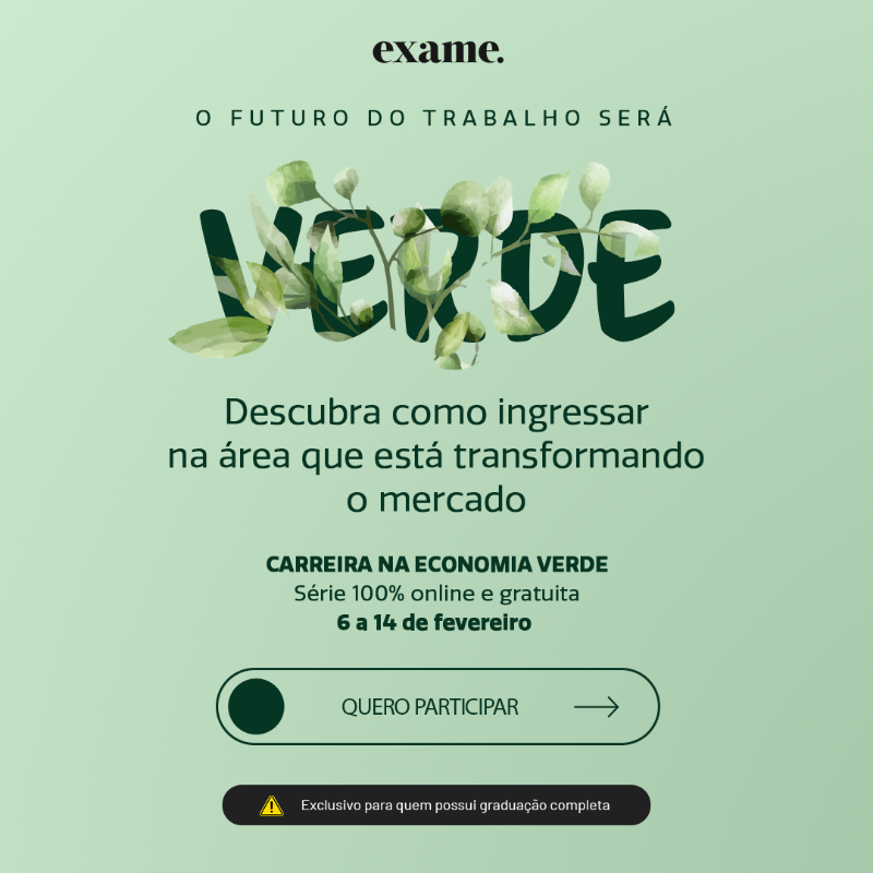 exame's tweet photo. O novo cenário econômico no país abre um leque de oportunidades para carreiras na área que já movimenta trilhões de dólares. 

Você poderá entender mais na série Carreira na Economia Verde, a ser apresentada por Renata Faber, diretora de ESG da EXAME. 

Inscreva-se gratuitamente: