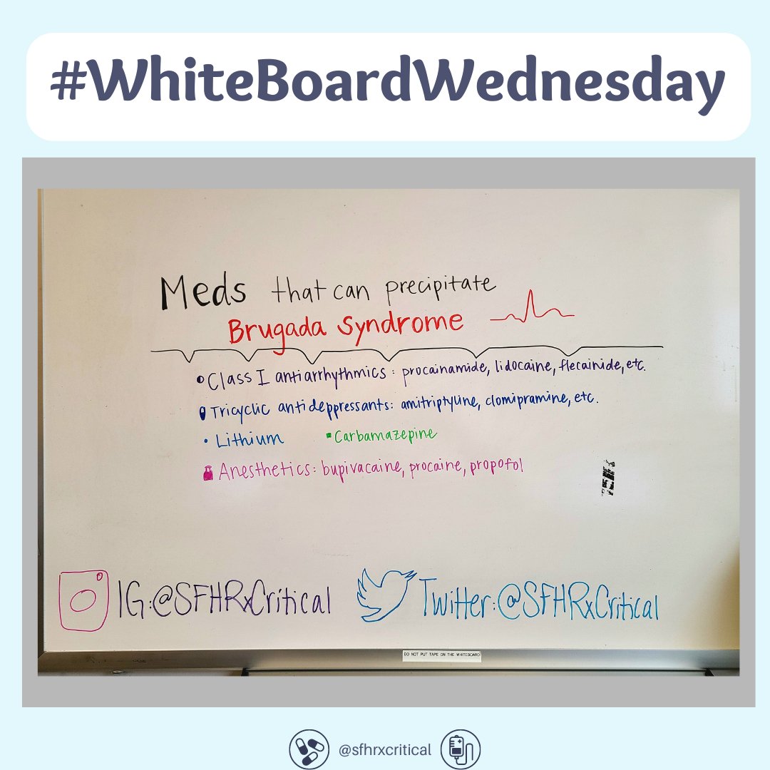 SFHRxCritical's tweet photo. Brugada syndrome is a genetic disorder that presents with an abnormal ECG and increases the risk of ventricular tachyarrhythmias and sudden cardiac death. 

PMID: 23533266

#whiteboardwednesday #pharmacy #pharmacystudent #pharmacist #medical #brugadasyndrome https://t.co/VTW3UlIezU