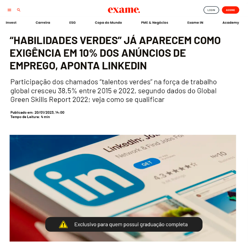 exame's tweet photo. O novo cenário econômico no país abre um leque de oportunidades para carreiras na área que já movimenta trilhões de dólares. 

Você poderá entender mais na série Carreira na Economia Verde, a ser apresentada por Renata Faber, diretora de ESG da EXAME. 

Inscreva-se gratuitamente: