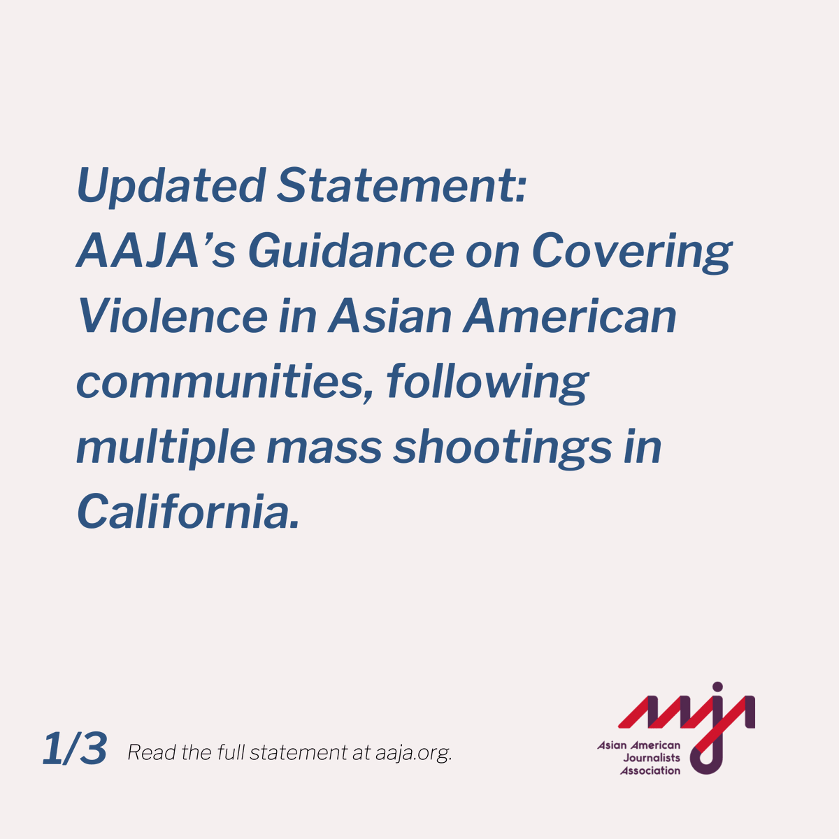 AAJA has updated our guidance on covering violence in the Asian American community following the mass shooting in Half Moon Bay, California, and the increased death toll of the Monterey Park shooting. Read the full statement: aaja.org/2023/01/22/aaj…