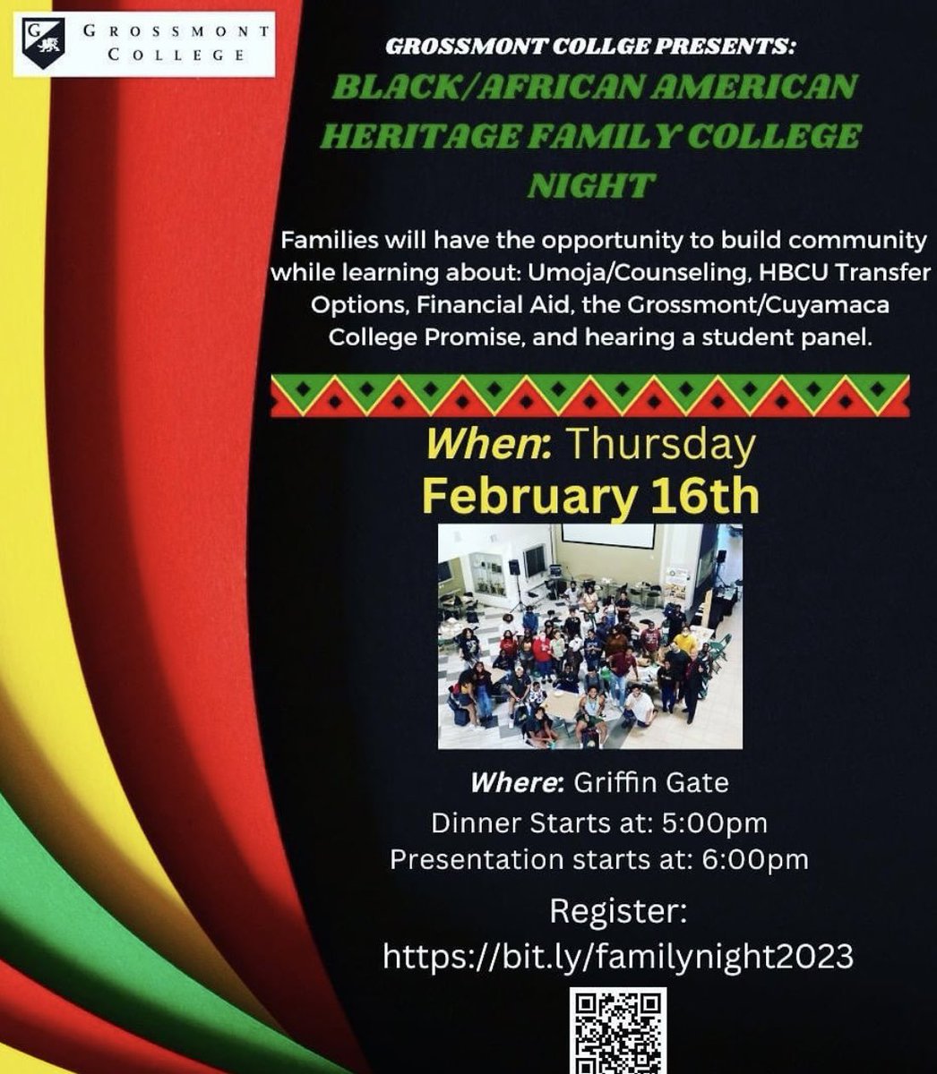 Black/African American Family College Night at Grossmont College on 2/16. Please share broadly and hope to you there! #studentsuccess #family #community #collegesuccess