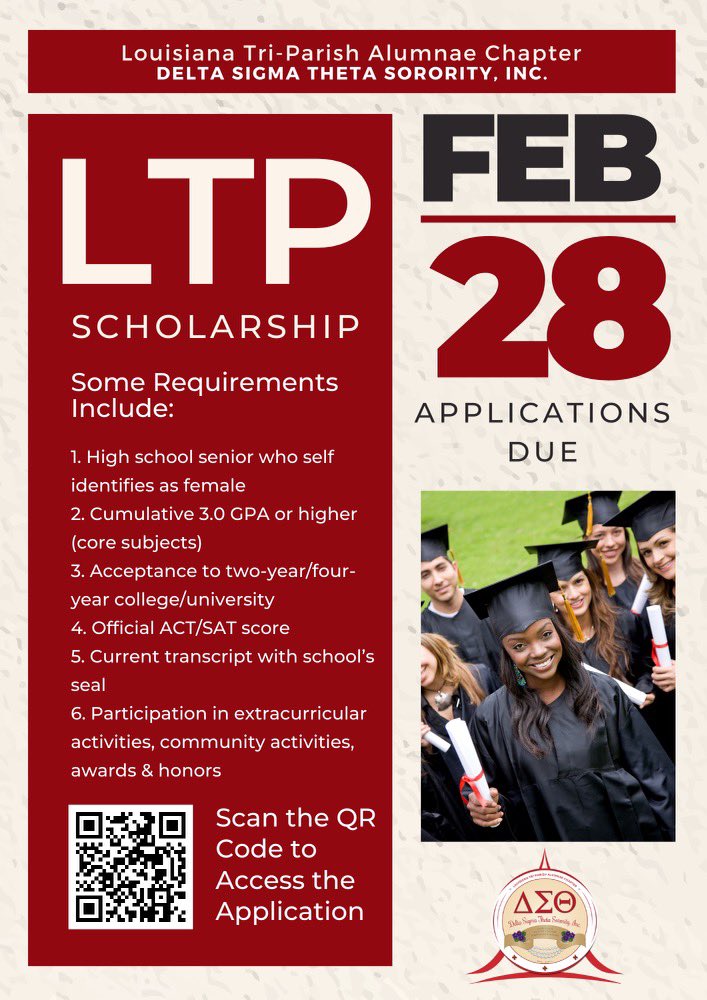 LTPDST's tweet image. Applications now open for the 2023 LTP Scholarship.  Applicants must be a resident of Iberville, Pointe Coupee, or West Baton Rouge Parish. Incomplete or late applications won’t be considered. Emailed, faxed, or mailed copies won’t be accepted.  
Application deadline: 02.28.23