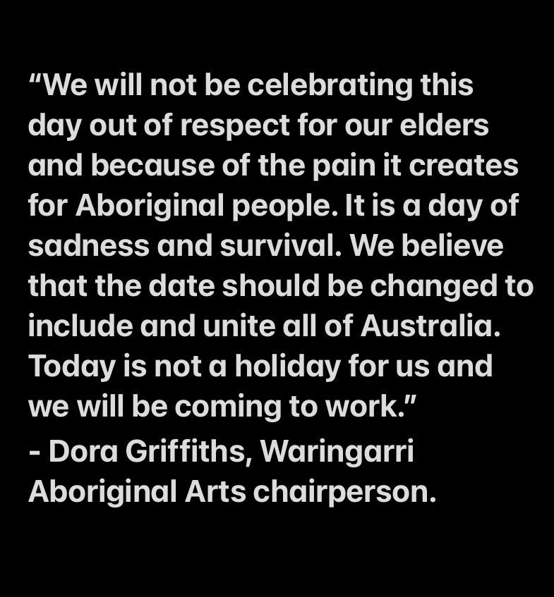 waringarriarts's tweet photo. Today for the 7th year in a row, #WaringarriArts has chosen to reject the Australia Day public holiday and come to work.
The art centre is open today 9.00am-4.30pm.
Everyone is welcome.
#changethedate #survivalday #alwayswasalwayswillbe #NotTheDateToCelebrate
π· Sarah Duguid https://t.co/BKEfRIJwt7