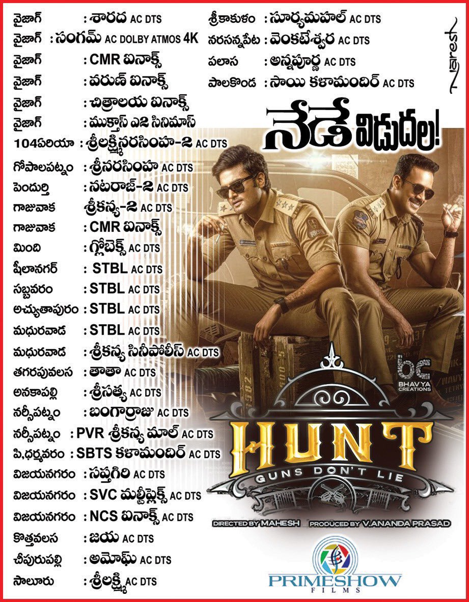 నేడే విడుదల !!

#HuntTheMovie Uttarandhra Theater’s List !!

Release by <a href="/primeshowfilms/">Primeshowfilms</a> !!

#HuntFromToday

<a href="/isudheerbabu/">Sudheer Babu</a> <a href="/bharathhere/">bharath niwas</a> <a href="/actorsrikanth/">SRIKANTH MEKA</a> @Imaheshh <a href="/ChitraShuklaOff/">Chitra Shukla</a> #Anandaprasad <a href="/BhavyaCreations/">Bhavya Creations</a> @GhibranOfficial <a href="/PulagamOfficial/">Pulagam Chinnarayana</a> <a href="/vincentcinema/">Arul vincent</a>