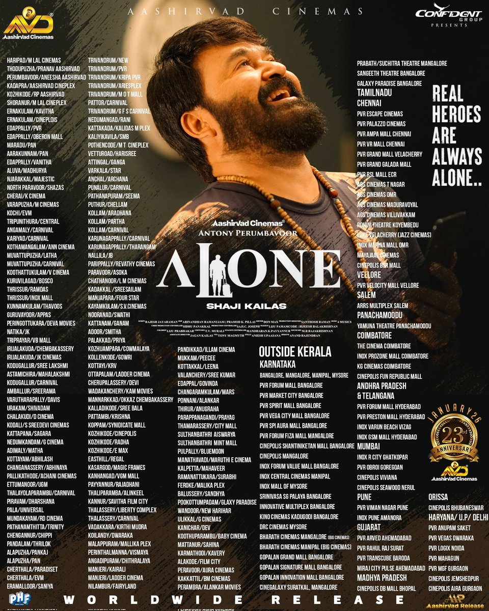 #Alone theatre list - Kerala

#Mohanlal - #ShajiKailas