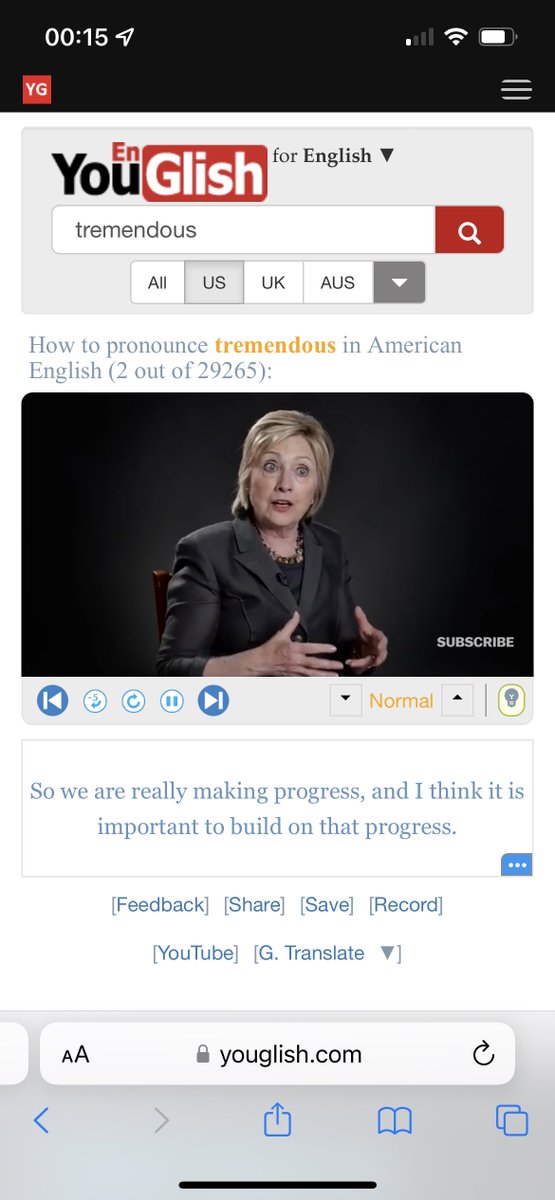 怎么学习正宗外语发音？

这个网站利用 1 亿个 Youtube 视频，为你展示真人、有上下文的单词发音

比如我拿前总统特爱说的 tremendous 测试一下：输入单词后会打开视频并跳到即将说 tremendous 的位置

可选美国、英国、澳大利亚等不同的英语发音

测试地址：

youglish.com/pronounce/trem…

#活到死学到死