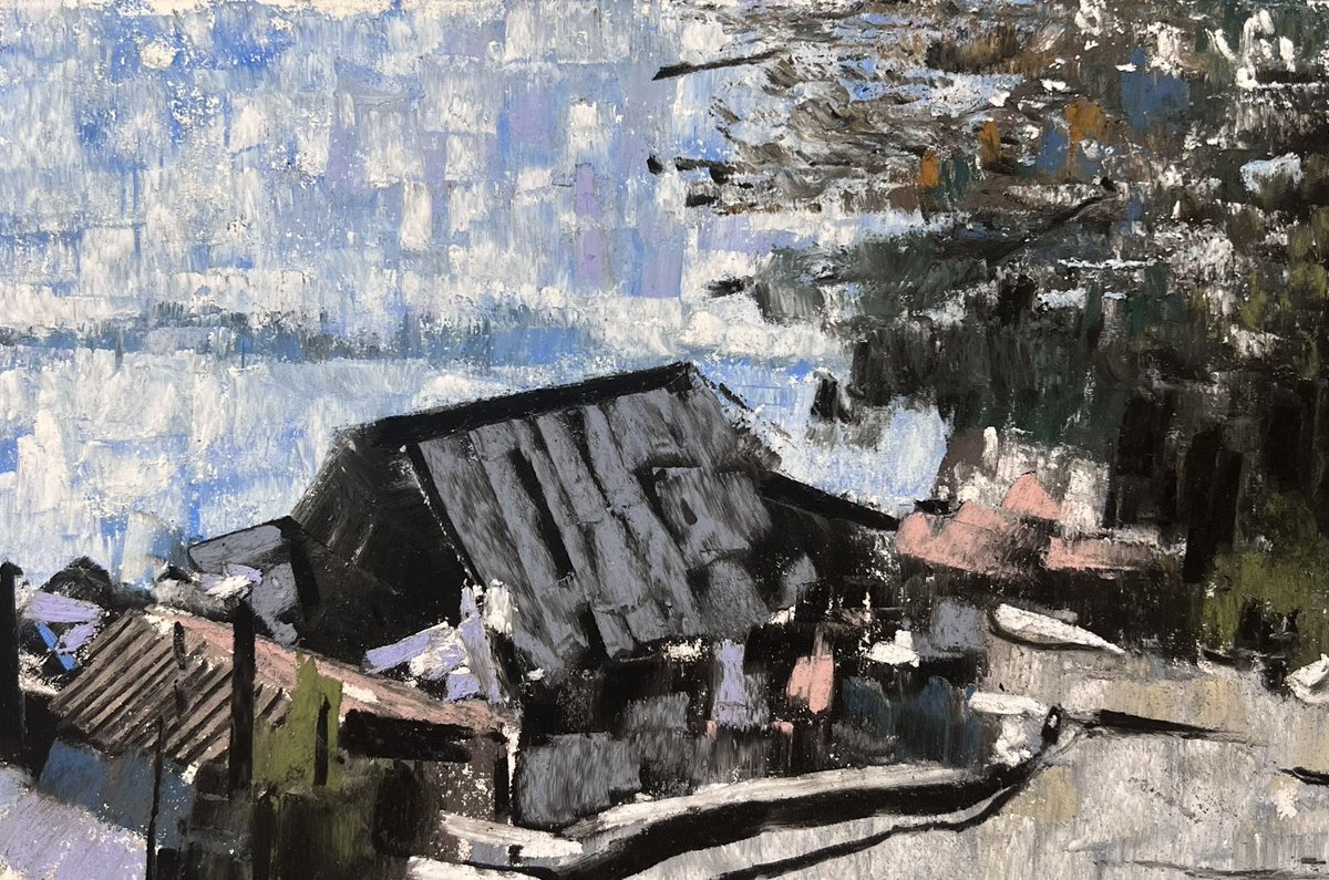 今日のパステル画その2。 河内の崖沿いの町